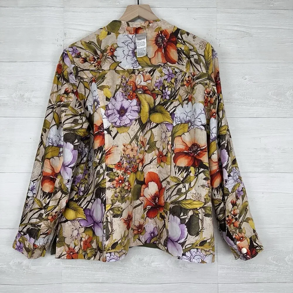 Chico's 100% Linen Jacket Plus Size 20-22‎ Reversible Floral Olive Green Pockets - Picture 11 of 16